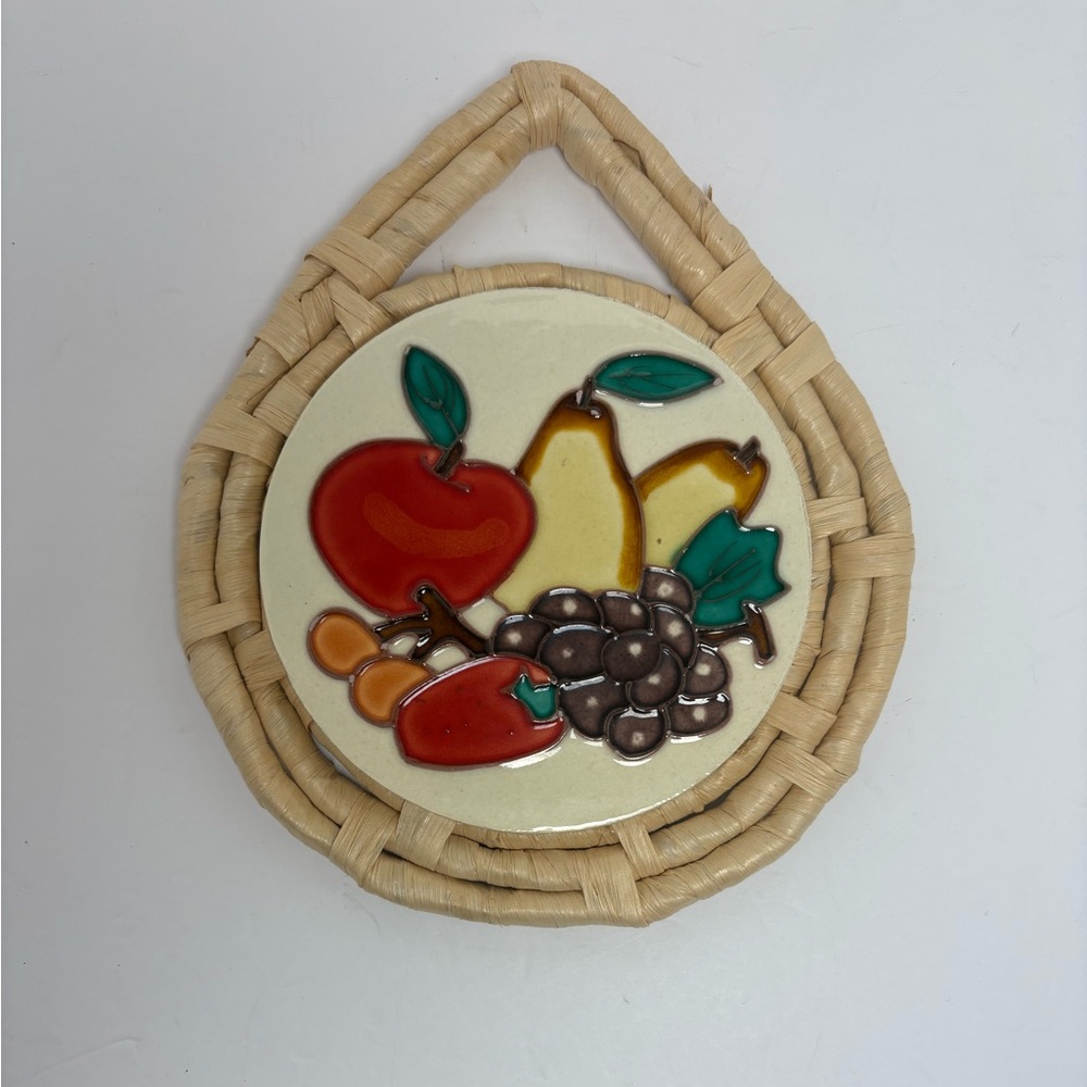 Vintage Fruit Themed Ceramic Tile Trivet Wall Decor on Rattan